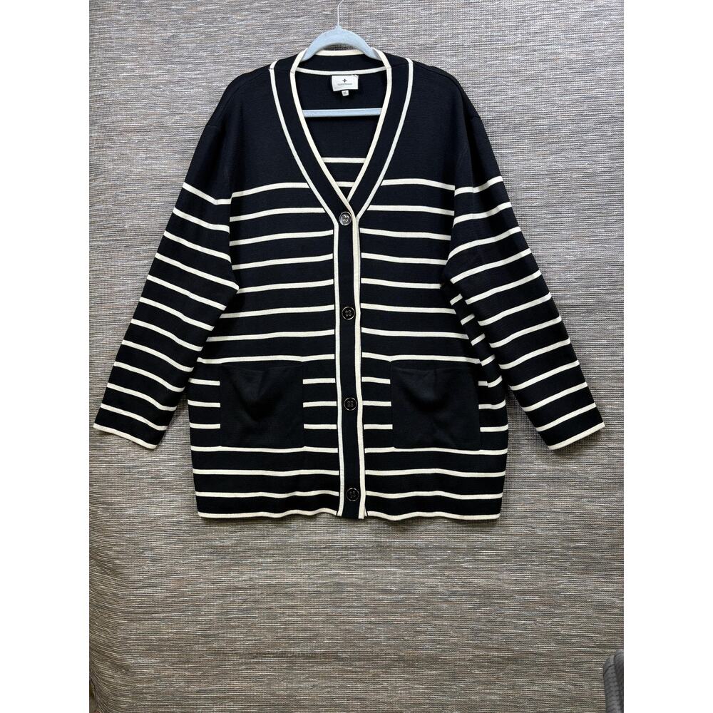 Tuckernuck Cardigan Sweater Womens XL Black White Stripe V Neck Pockets